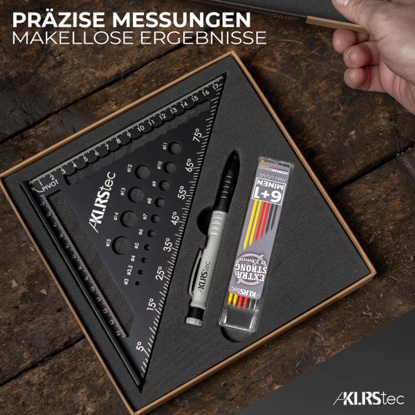 KLRStec Professional Zimmermannswinkel Set – Hochwertiges Tischlerwinkel Set inkl. Tieflochmarker [+Minen] Metall Messwinkel Werkzeug-Set