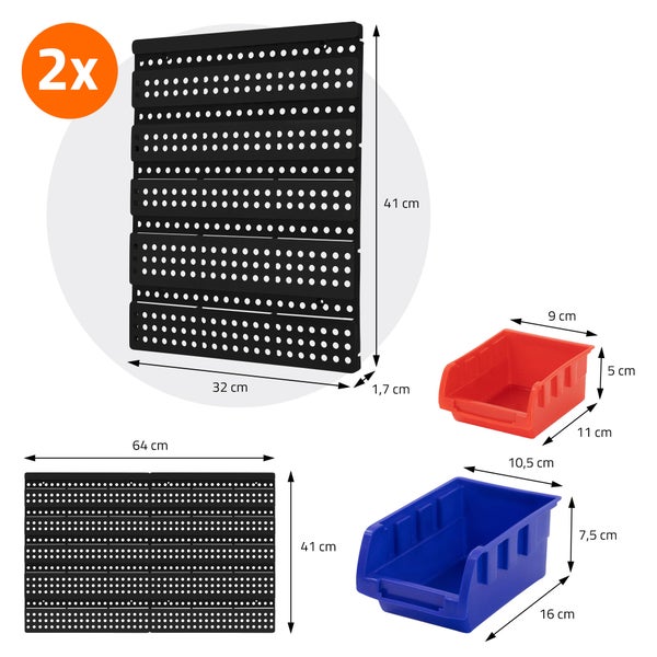 ECD Germany Wandregal mit Stapelboxen 30-tlg Blau-Rot, 18 kleine/12 große Schütten mit Etikettenfach, Werkstattregal erweiterbar Kleinteilemagazin Lagersystem Lagerregal Schüttenregal Sichtlagerkästen