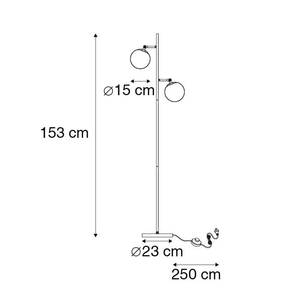 Dimensionszeichnung einer Stehlampe mit zwei Leuchten, Höhe 153 cm, Leuchten-Durchmesser 15 cm, Durchmesser des Lampenfußes 23 cm, Kabellänge 250 cm