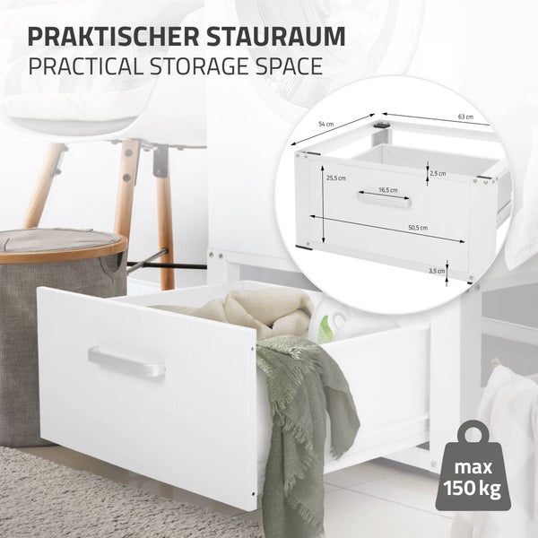 ML-Design Waschmaschinen Untergestell mit Schublade 63x54cm Stahl Weiß bis 150kg, Waschmaschinen-Unterschrank, Stabiler Waschmaschinensockel, H=31,5cm Podest Erhöhung Unterbau für Trockner/Kühlschrank