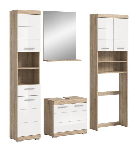 Badezimmermöbel-Set in Eichenoptik mit weißen Fronten, bestehend aus Hochschrank, Waschbeckenunterschrank, Spiegel und Waschmaschinenüberbau.