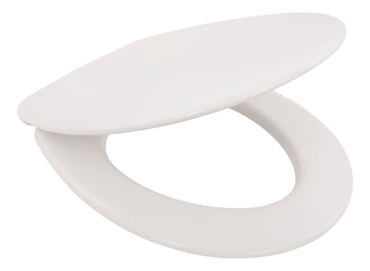 Ein ovaler Toilettensitz aus Duroplast mit Deckel in halb geöffneter Position.