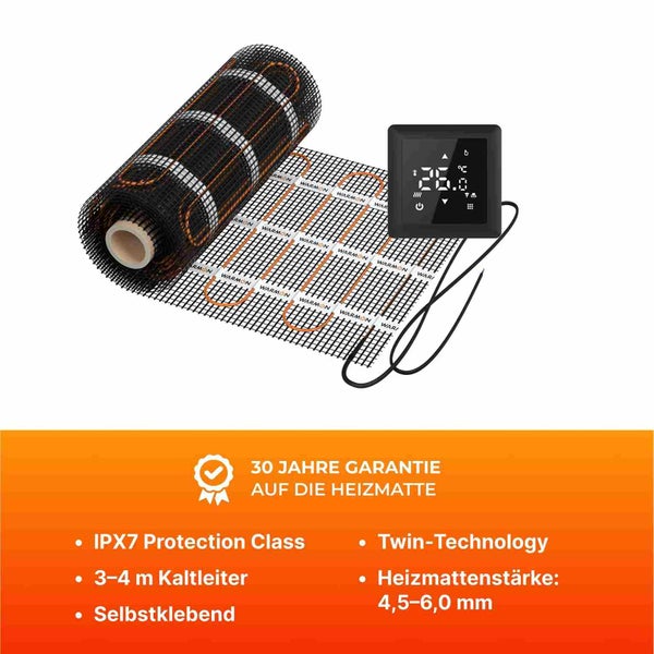 Elektrische Fußbodenheizung mit Thermostat und selbstklebender Heizmatte auf einer Rolle