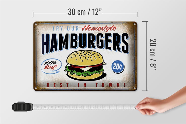 Blechschild Spruch 30x20cm Hamburger best in town 100% Beef