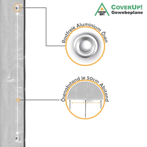 CoverUp! (1,5x6 m) Gewebeplane - Farbe: Weiß, 120g/m² - Beständigkeit durch verstärkte Gummiecken & rostfreie Ösen - Abdeckplane mit UV-Schutz - Plane inkl. 17m Seil