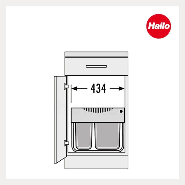 Hailo Logo und technische Zeichnung eines Mülltrennsystems im Unterschrank mit einer Einbaubreite von 434 Millimetern.