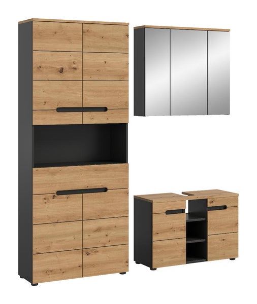 Badezimmermöbel-Set in Holzoptik und Anthrazit bestehend aus Hochschrank, Spiegelschrank und Waschbeckenunterschrank.