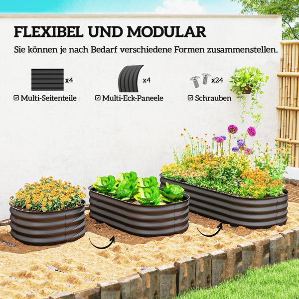 Moderne gelbe Gartenbank aus Metall auf einer hellen Steinterrasse vor einer Natursteinmauer mit zwei Personen.