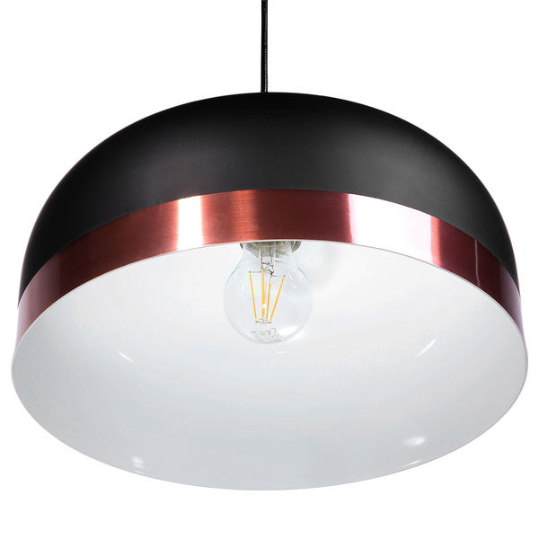 Halbkugelförmige Hängeleuchte in Schwarz mit kupferfarbenem Detail und weißer Innenseite, inklusive LED-Filament-Leuchtmittel.