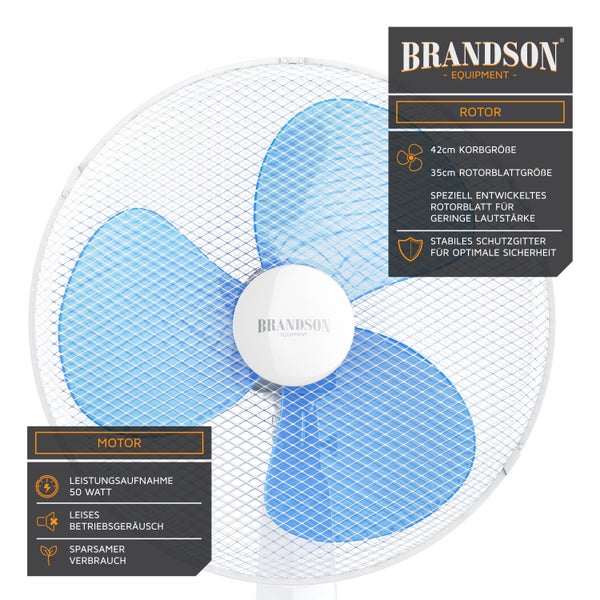Brandson Standventilator 50W mit Standfuß höhenverstellbar, Ventilator mit Fernbedienung, Neigungswinkel 30°, 3 verschiedene Geschwindigkeitsstufen