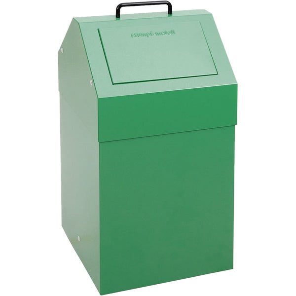 Grüner Wertstoffsammler aus Metall mit Einwurfklappe und schwarzem Bügelgriff, Marke Stumpf-metall.