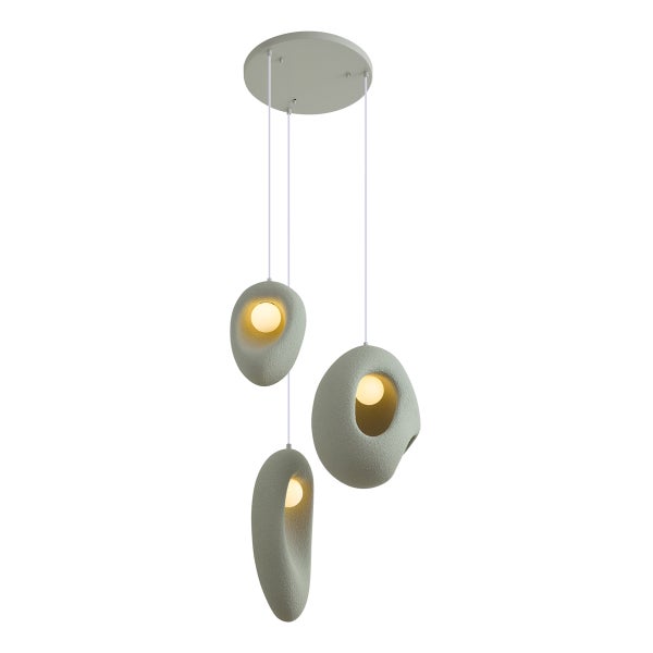 Moderne Pendelleuchte mit drei organisch geformten Lampenschirmen in Steinoptik und integrierter Beleuchtung