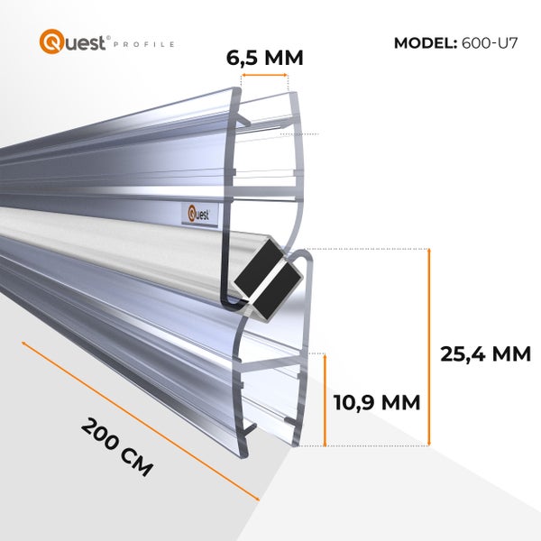 Quest Profile Duschdichtung Modell 600-U7, transparent, Länge 200 Zentimeter, Breite 6,5 Millimeter, Höhe 25,4 Millimeter.