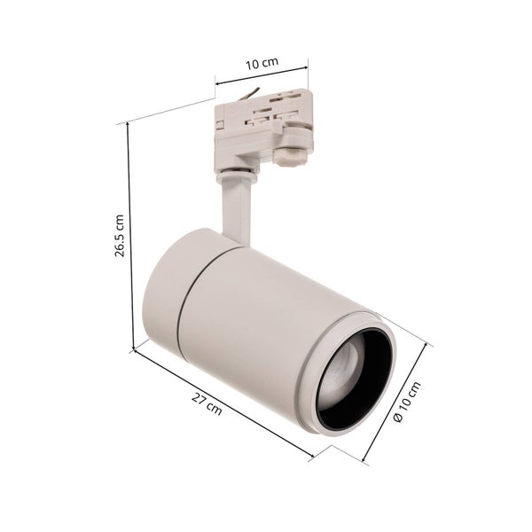 Schienensystem-Strahler mit Maßen: Höhe 26,5 Zentimeter, Länge 27 Zentimeter, Durchmesser 10 Zentimeter und Adapterbreite 10 Zentimeter.