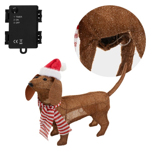 Dekofigur Dackel mit Weihnachtsmütze und Schal sowie Timerfunktion