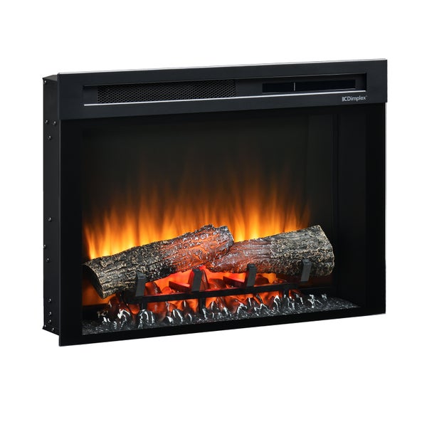 Elektrischer Kamineinsatz von Dimplex mit Holzscheiten und Flammeneffekt in Schwarz. Dimplex Logo.