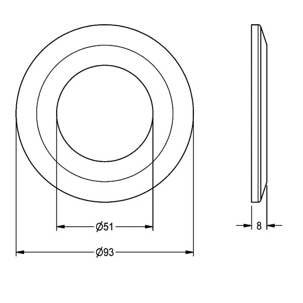 Technische Zeichnung einer kreisförmigen Rosette mit einem Außendurchmesser von 93, einem Innendurchmesser von 51 und einer Dicke von 8.