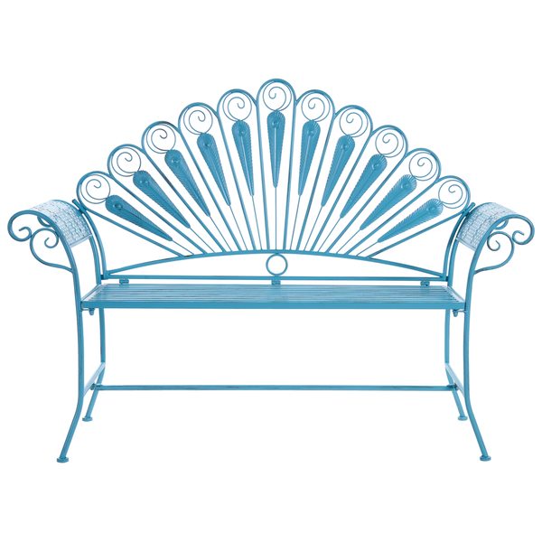 Blaue Gartenbank aus Metall mit dekorativer fächerförmiger Rückenlehne im Pfauendesign und Ornamenten.