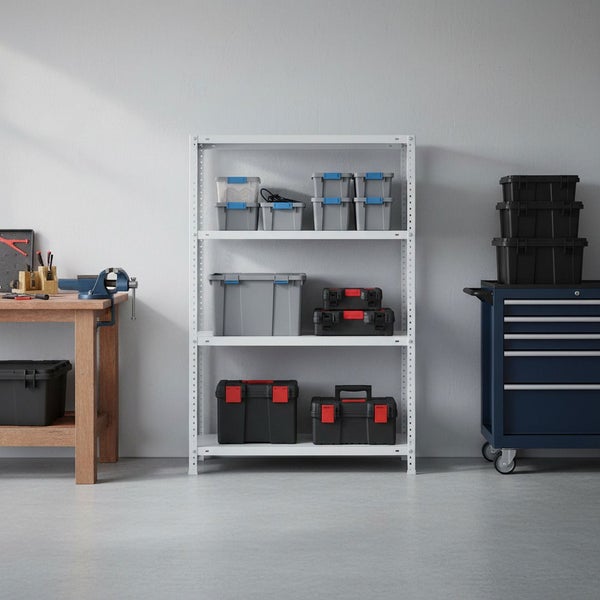 Weißes Metallregal in einer hellen, organisierten Werkstatt mit Kunststoffboxen, neben einer Holzwerkbank und einem blauen Werkstattwagen.