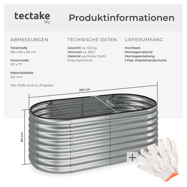 Hochbeet tectake Flormma 160 x 80 x 60 cm aus verzinktem Stahl silber