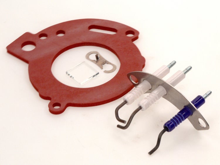 Wartungssatz für Brenner bestehend aus Brennerdichtung, Zündelektrodenblock, Schauglas und Haltefeder.