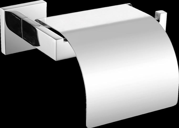 Wandmontierter Toilettenpapierhalter mit Deckel aus verchromtem Metall in eckigem Design