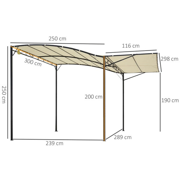 Outsunny Pavillon mit klappbarem Seitendach, UV-Schutz, 3 x 2,5 m, Stahl + Polyester, Cremeweiß + Schwarz