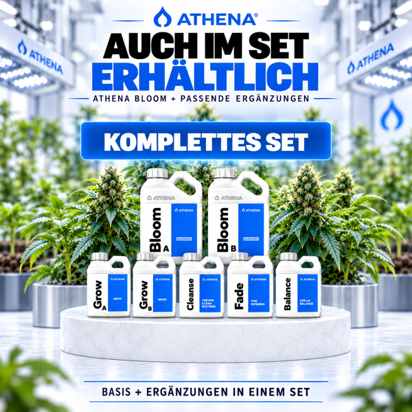 Athena Pflanzenduengerset bestehend aus Grow A und B, Bloom A und B, Cleanse, Fade und Balance in einer professionellen Growumgebung.