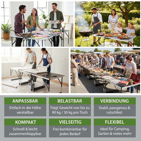 Mehrere Bilder zeigen einen Klapptisch im Einsatz für verschiedene Aktivitäten wie Malen, Grillen, Tapezieren und auf einem Flohmarkt.