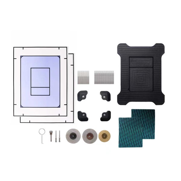 Set mit Zubehör für Schleifmaschine inklusive Führungsschienen, Schleifscheiben und Befestigungselementen zur präzisen Werkzeugbearbeitung.