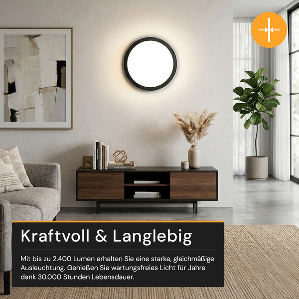 Runde, flache LED-Wandleuchte in modernem Wohnzimmer über einem Sideboard aus Holz. Helle Atmosphäre mit grauem Sofa und Zimmerpflanze.