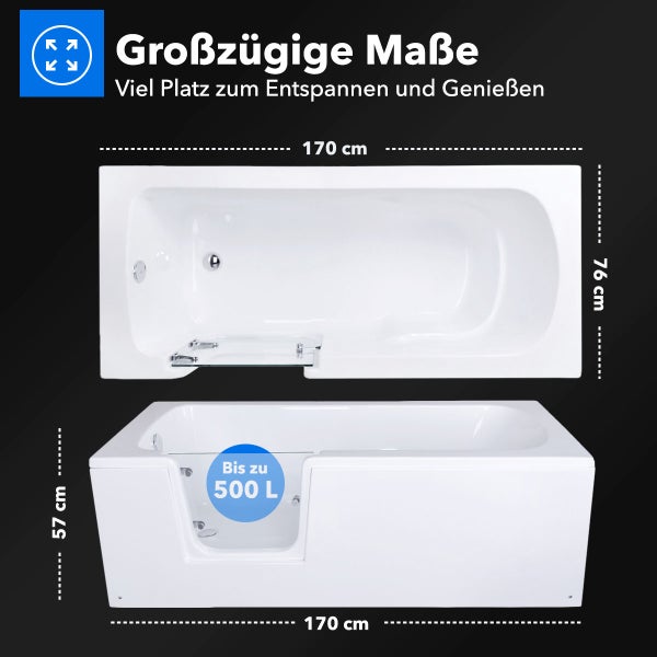 Weiße Badewanne mit Glastür, Maße 170 Zentimeter lang, 76 Zentimeter breit und 57 Zentimeter hoch. Fassungsvermögen bis zu 500 Liter.