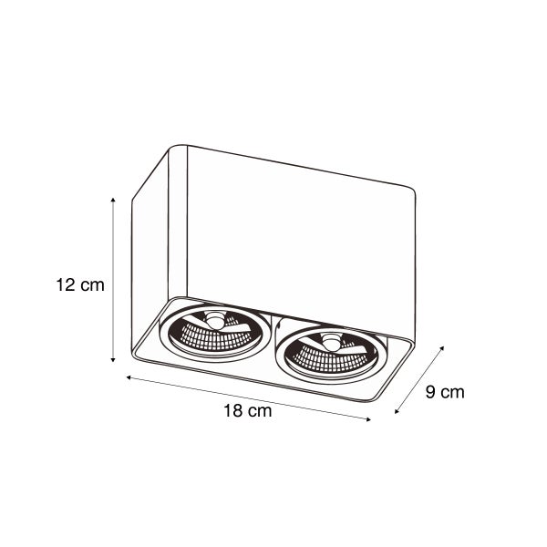 Technische Zeichnung einer Deckenleuchte mit den Maßen 18 x 9 x 12 cm