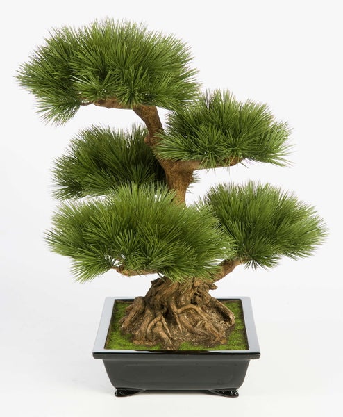 Künstlicher Kirschblütenbaum im schwarzen Topf mit rosa Blüten und grünen Blättern.