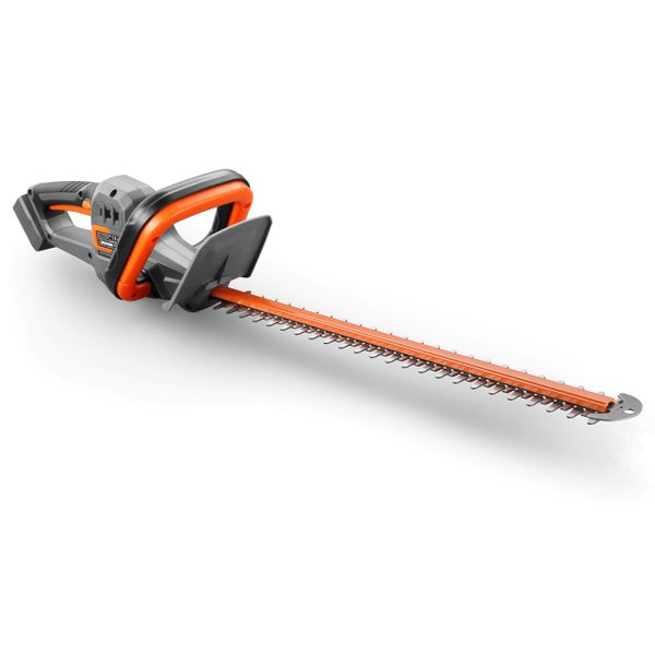 Akku-Heckenschere für den Garten mit ergonomischem Griff und Messerschutz.
