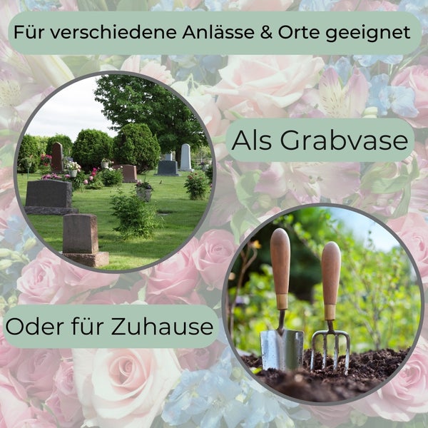Bildmontage mit einer Grabstätte und Gartengeräten zur Verwendung als Grabvase oder für den Garten