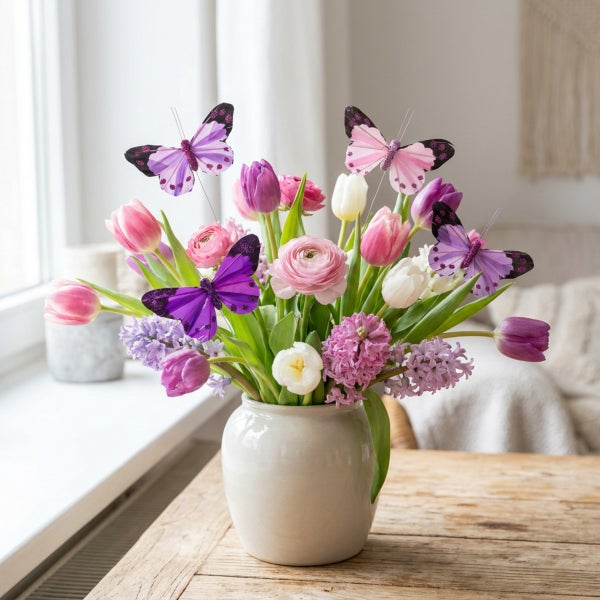 Frühlingsblumenstrauß mit Tulpen, Hyazinthen und Ranunkeln in einer Keramikvase, dekoriert mit künstlichen Schmetterlingen auf dem Holztisch.