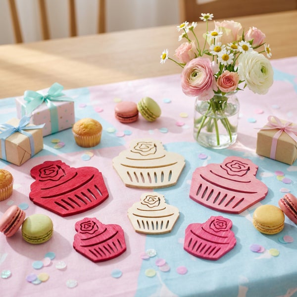 Holzdeko in Cupcake-Form in verschiedenen Größen und Farben auf einem gedeckten Tisch mit Geschenken, Blumen und Macarons