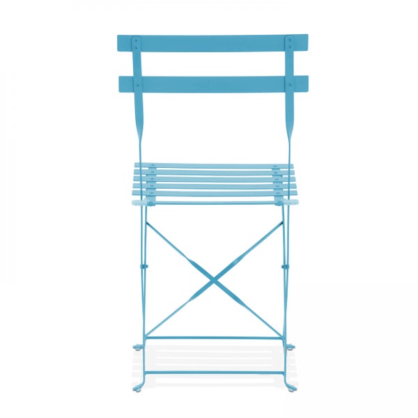 Hellblauer Klapp-Barstuhl aus Metall mit Lattensitz und Rückenlehne.