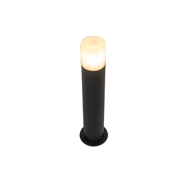 Zylindrische Pollerleuchte aus Metall in Schwarz mit weißem Diffusor und warmweißem Licht.
