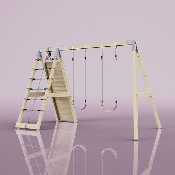 Schaukelgerüst aus Holz mit zwei Einzelschaukeln, einer Strickleiter und einer Kletterwand für den Garten.