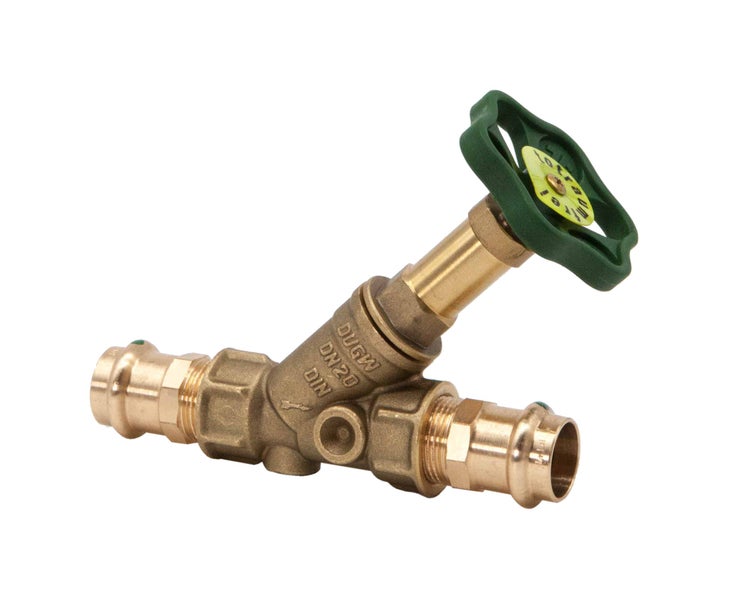 Schrägsitzventil DN20 aus Messing mit Pressanschluss beidseitig und grünem Handrad.