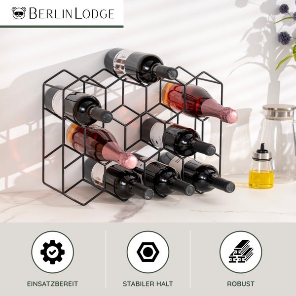Berlin Lodge Logo, Weinregal aus Metall in Wabenform mit Weinflaschen, Symbole für einsatzbereit, stabilen Halt und Robustheit.