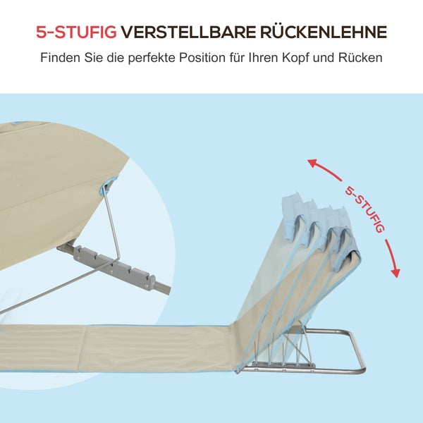 Outsunny Strandmatte, 2er Set Faltbare Strandliege mit Kopfkissen, 5-stufige Höhenverstellbare Strandmatratze mit Tragetasche, Stahl, Beige, 134 x 48 x 33-43 cm