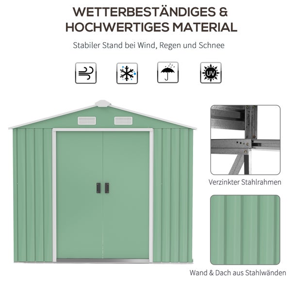 Outsunny Gerätehaus, Geräteschuppen mit Bodenrahmen und Schiebetüren, wetterfest, 213 x 130 x 185 cm, Stahl, Hellgrün