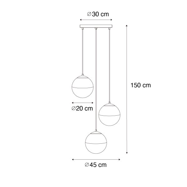 Technische Zeichnung einer Pendelleuchte mit drei Glaskugeln und den Maßen: 30 Zentimeter, 20 Zentimeter, 45 Zentimeter und 150 Zentimeter.