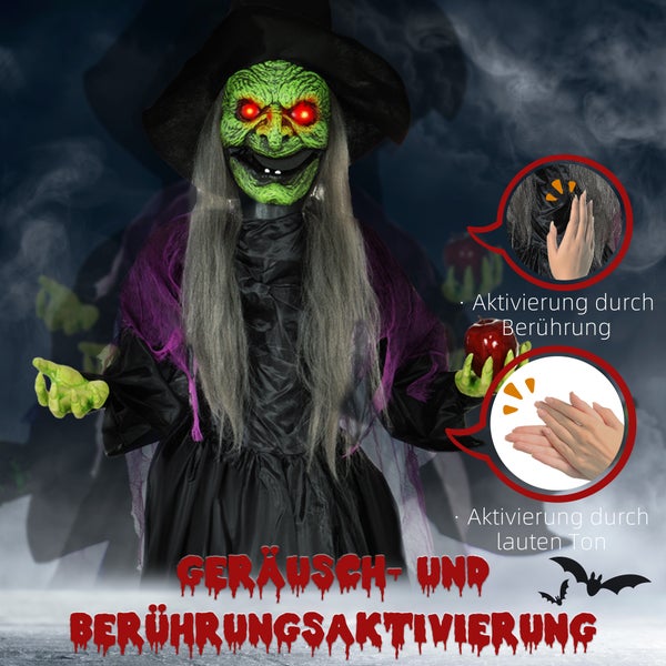 HOMCOM 180cm Halloween Dekoration Halloween-Hexe mit Giftapfel LED-Lichter, Soundfunktion, Haustür Deko mit verstellbare Arme, Garten Dekofigur in Lebensgröße für Party