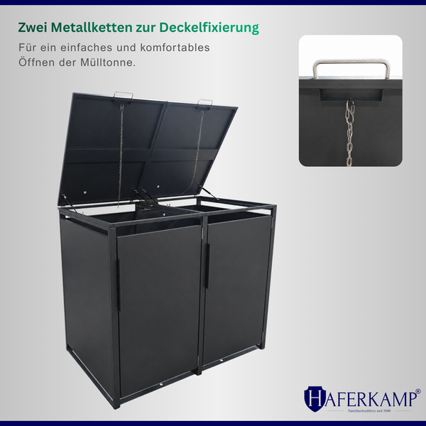 Anthrazitfarbene Mülltonnenbox für zwei Mülltonnen mit geöffneten Deckeln und integrierten Metallketten zur Deckelfixierung.