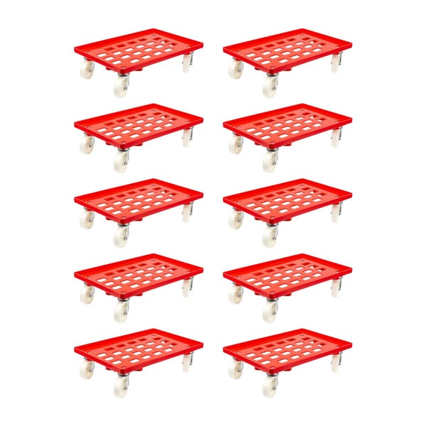 PROREGAL SparSet 10x Transportroller für Euroboxen 60 x 40 cm mit Kunststoffräder Rot Gitter/Rasterdeck 2 Lenkrollen und 2 Bremsrollen 300 kg