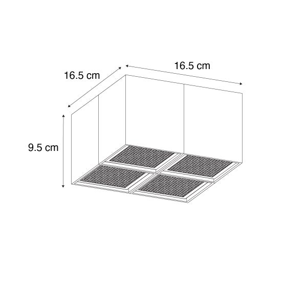Technische Zeichnung einer Dunstabzugshaube mit den Maßen 16,5 x 16,5 x 9,5 cm.
